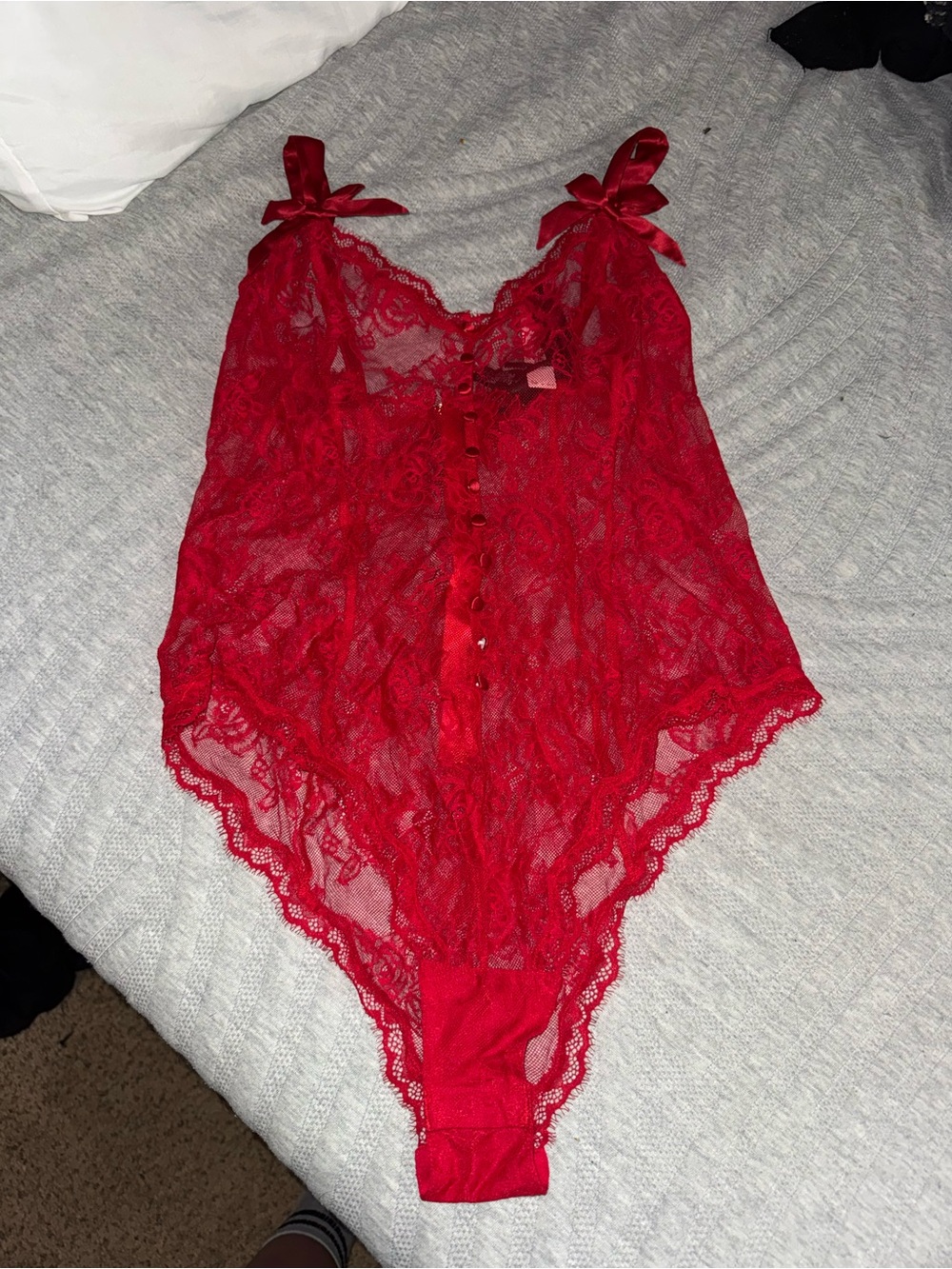 Victoria's Secret Red Lace Bow-Shoulder Teddy